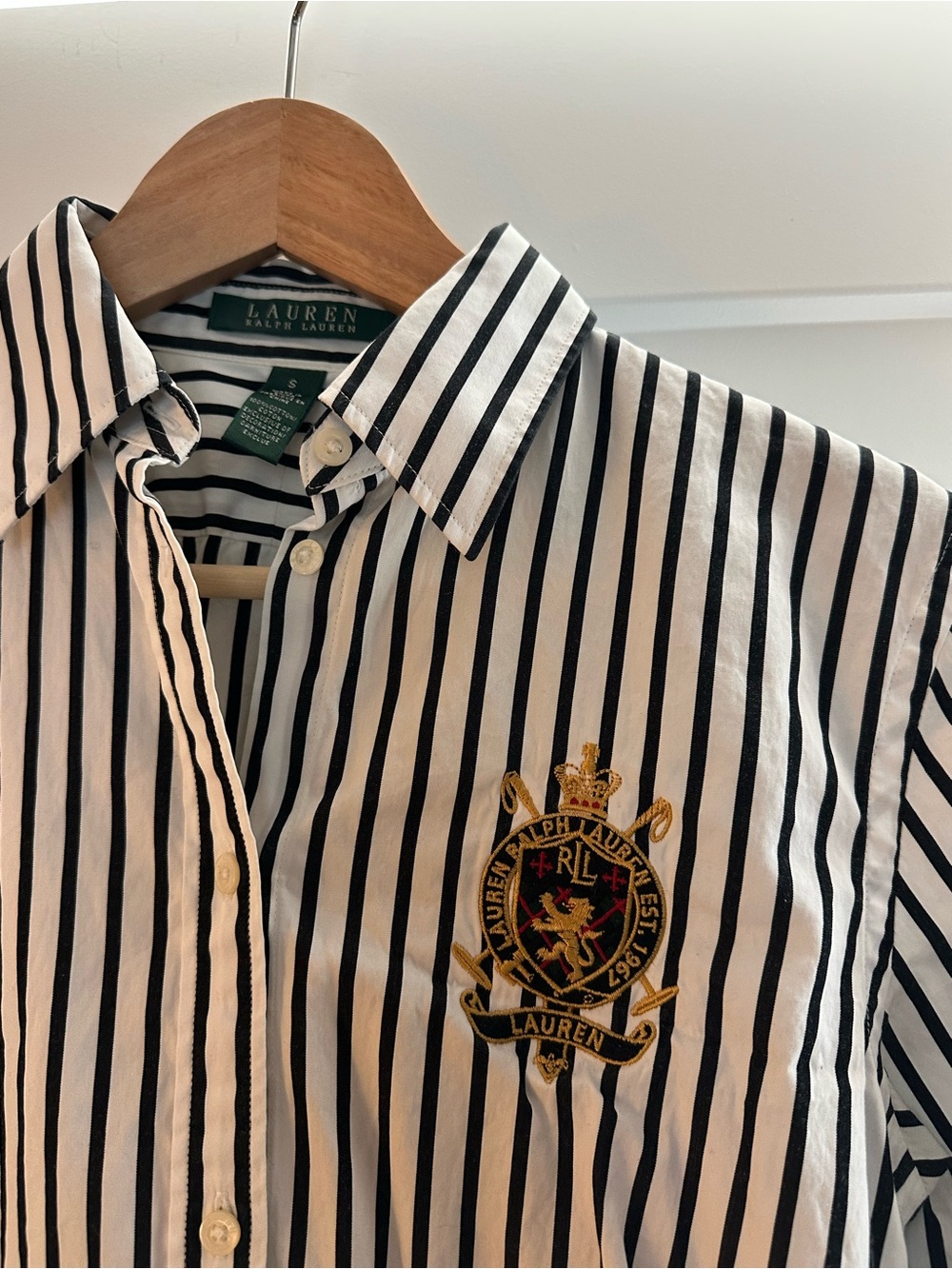 Ralph Lauren Black & White Striped Button-Down Shirt with Embroidered Crest